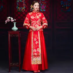 Восточный Азиатский невесты красота китайское традиционное свадебное платье для женщин красный цветочный вышивка Cheongsam халат Длинные