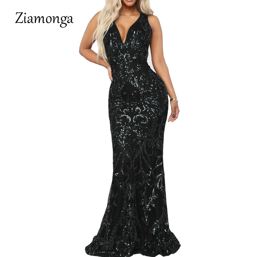 Ziamonga v-образным вырезом Длинные платья русалки женский Блестками Пол