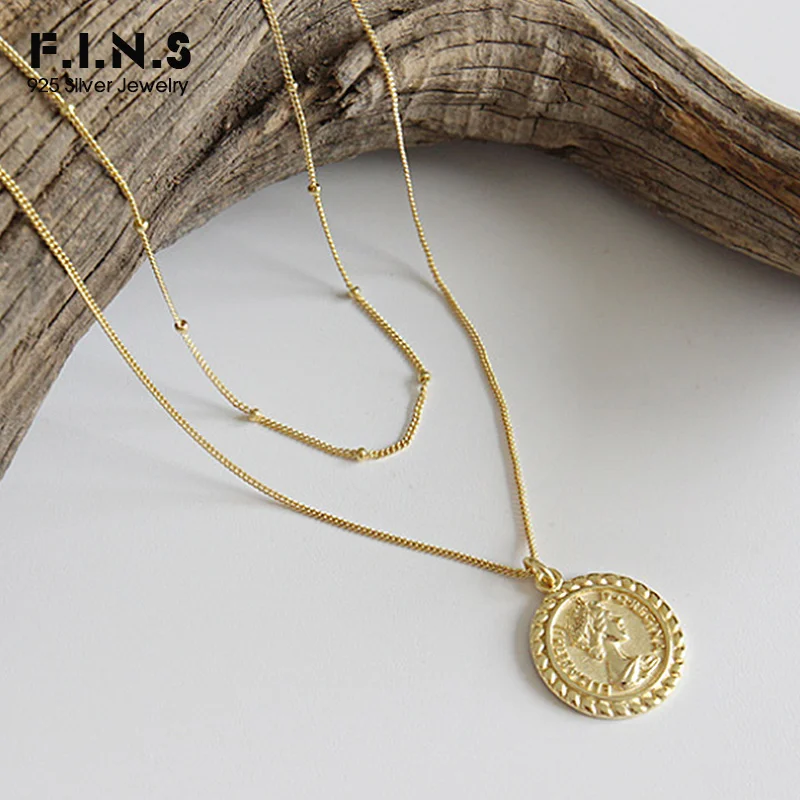 

F.I.N.S Gold Color Carved Eliza Coin Pendant Necklace 925 Sterling Silver Clavicle Chain Ornaments Silver 925 Gifts for Women
