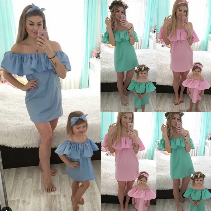 

pudcoco Newest Arrivals Hot Fashion Family Clothes Mother and Daughter Lotus Leaf Slash Sleeve Dress Summer Party Beach Dress