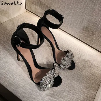 

Summer Elegant Runway Shoes Woman Nouveau High Heels Sweet Crystal Bowtie Bride Wedding Sandals High Quality Sandales Femme