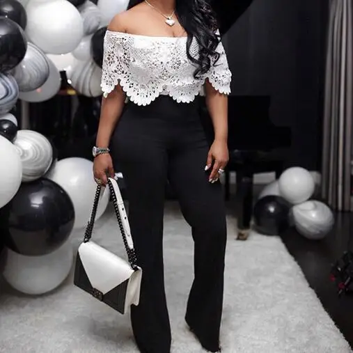 

New Arrive Best Quality 2019 Sexy Women Jumpsuit Solid Lace Hollow Out Slash Neck Short Sleeve Long Bodycon Romper DC764