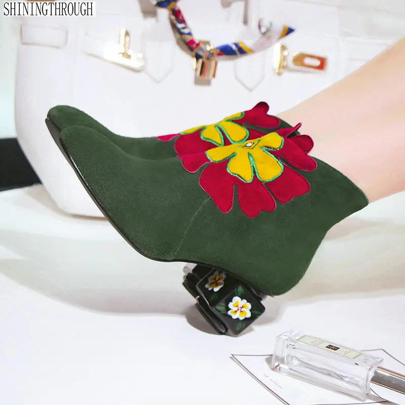 

2019 suede leather flower women strange high heels ankle boots black green ladies party shoes woman large size 41 42 43