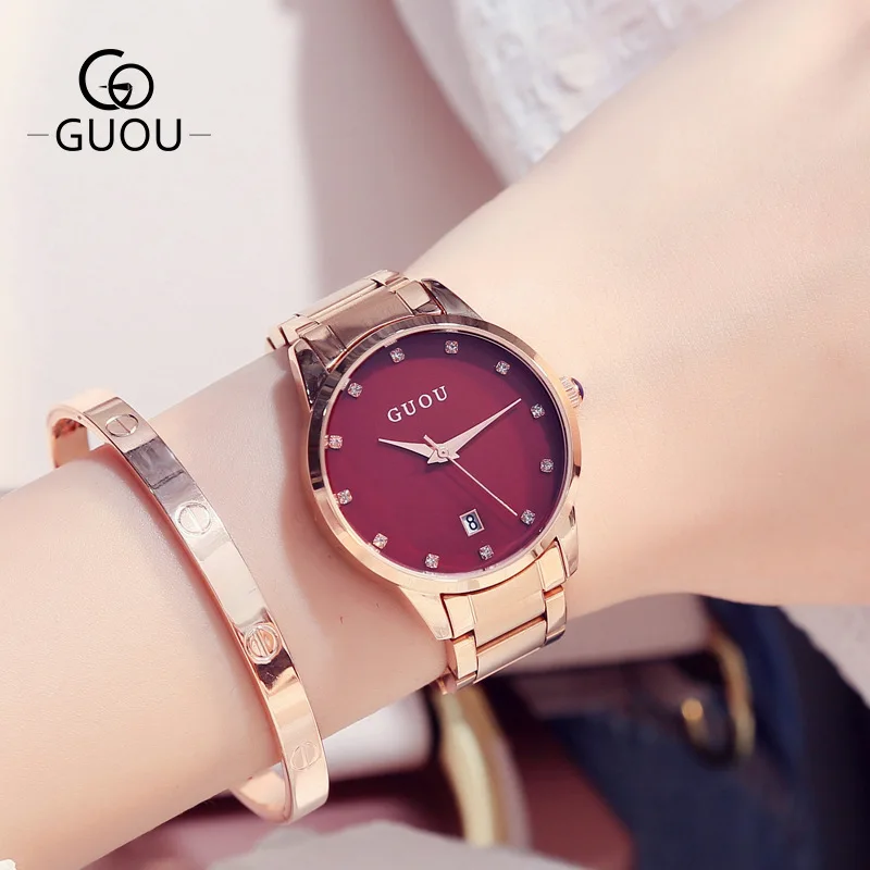 Модные Роскошные GUOU часы Для женщин часы Reloj Mujer Нержавеющая сталь качество Алмазный женские кварцевые часы Для женщин горный хрусталь часы