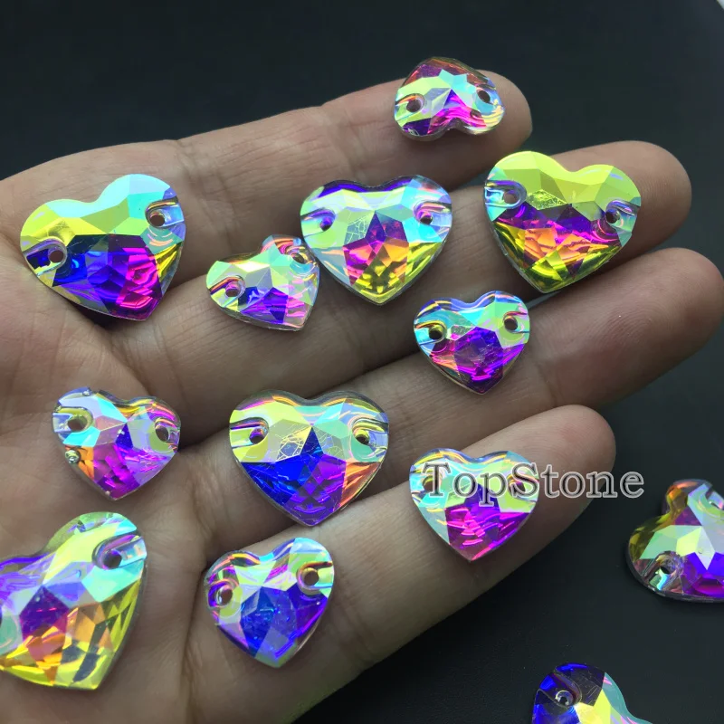 TopStone 14 мм 16 кристалл в форме сердца AB камни для шитья стразы с плоской задней