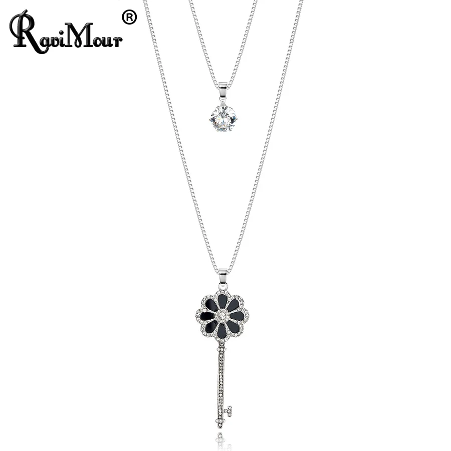 

RAVIMOUR Long Double Layered Chain Necklaces & Pendants Silver Color Crystal Key Sweater Collier Femme Fashion Jewelry 4 Style