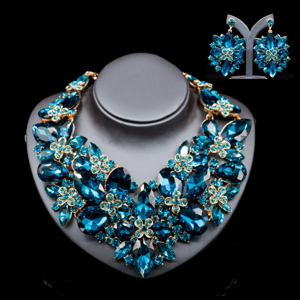 

New Fashion Jewelry KC Gold Crystal Flower Necklace and Earrings Set for Women Wedding Party African Beads Jewelry Sets LF -G005