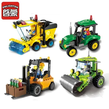 

Enlighten Building Block City Town Cars Street Sweeper Tractor Forklift Road Roller MOC Educational Brick-Without Original Box