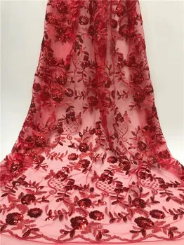 

2019 high quality French Nigerian sequins net lace,African tulle mesh sequence lace fabric for party dress 5yards/lot red FFY7-1