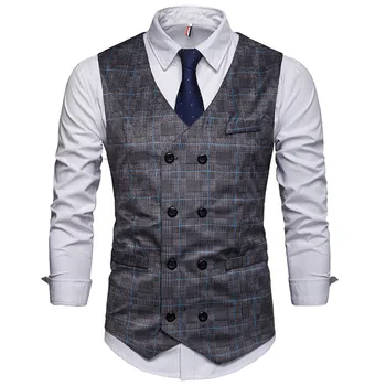 

Men Plaid Suit Vest 2019 Classic Formal Business Double Breasted Slim Waistcoat Gilet Social Blazer Wedding Groom Vest Men XXL