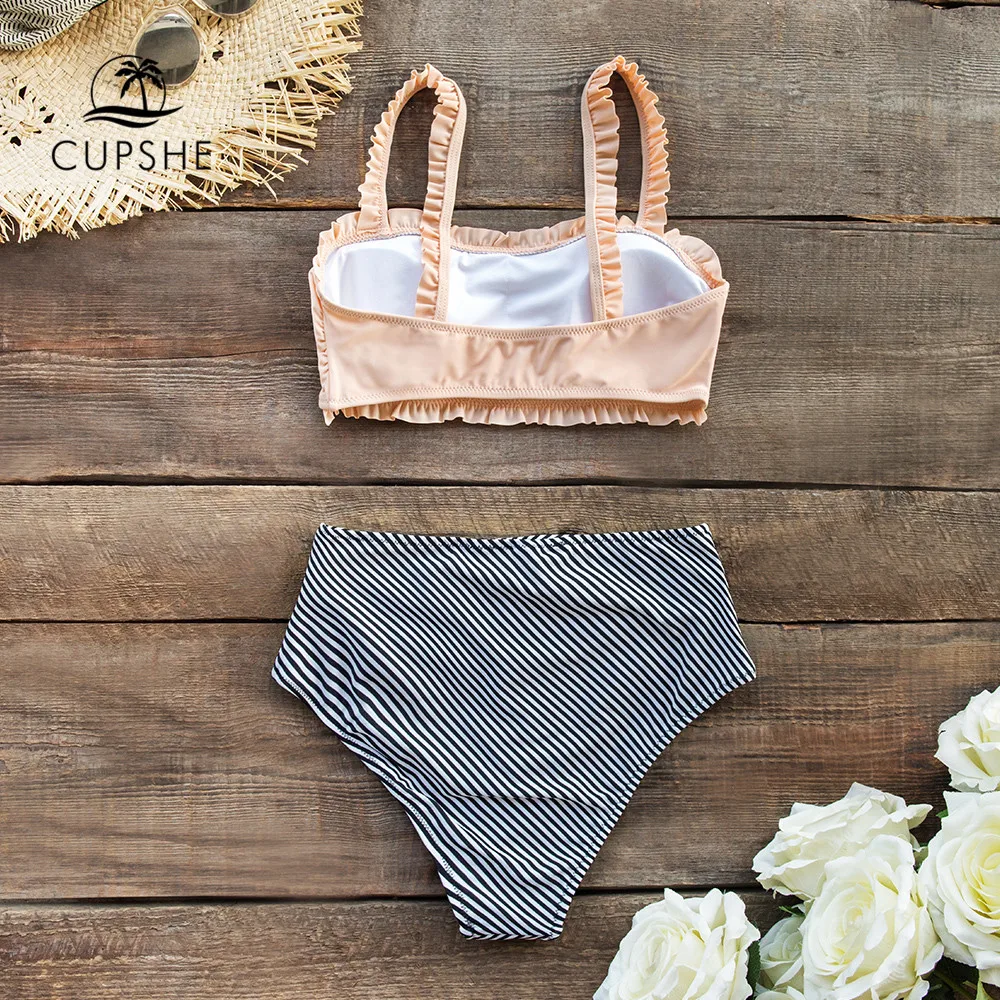 Günstig CUPSHE Ruffled Bandeau Bikini Mit Hoher taille Bottom Badeanzug Zwei Stück Bademode Frauen 2019 Mädchen Strand Badeanzüge