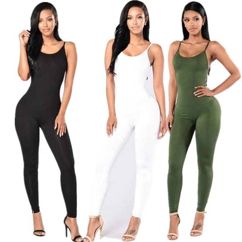 

2019 New Summer Sleeveless Sexy Women Jumpsuits Black White Gray Slim O-Neck Rompers Beach Casual Femme Spaghetti Strap Jumpsuit