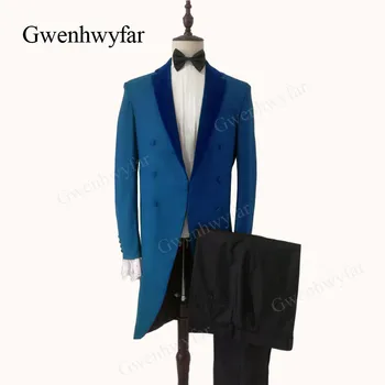 

Gwenhwyfar 2018 Lace Sleeve Series Male Fashion Blue Suit Velvet Lapel Wedding Grooms Tailcoat Tuxedo Party Costume Singers Wear