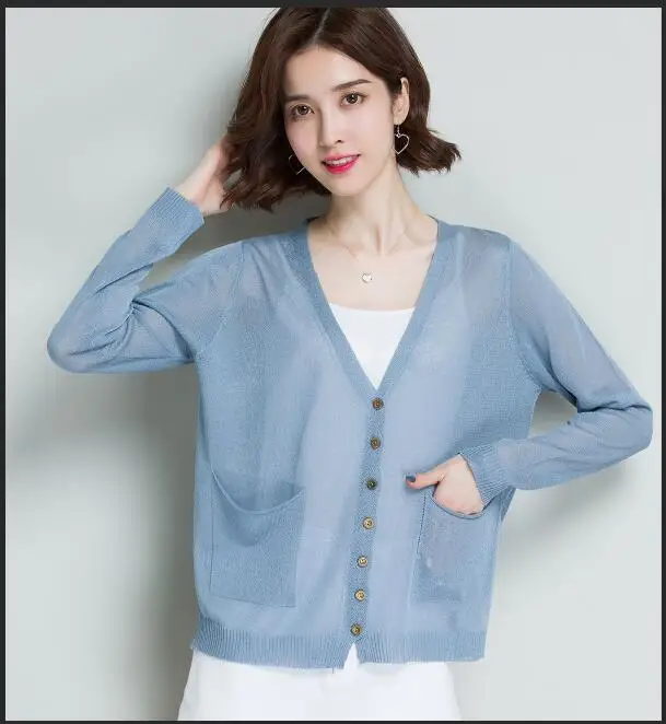 

New Spring Summer Women Hollow Out Linen Knit Cardigan Elegant V-Neck Sun Protection See Through Knit Thin Coat With Buttons
