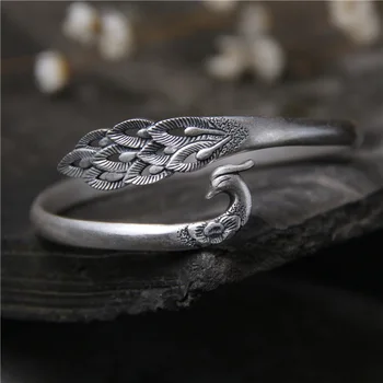 

S990 Sterling Silver Vintage Bracelet Thai Silver Retro Peacock Bracelet for Mother Gifts