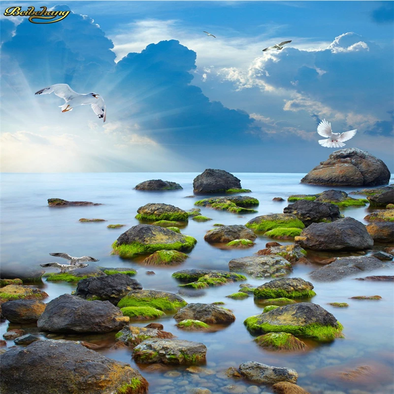 beibehang Custom 3D floor painting wallpaper to map the sea stone sea skies 3D floor tiles to draw