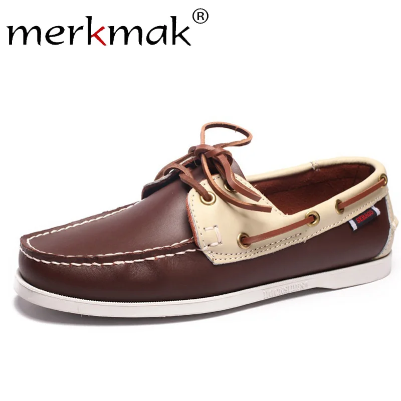 

Merkmak Spring Solid Men's Boat Footwear Fashion Genuine Leather Loafers Slip On&Lace Up Casual Shoes Man Comfortable Lazy Shoes