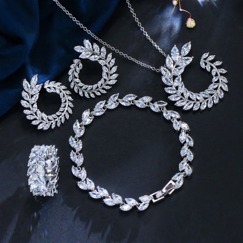 CWWZircons 4 шт. в форме листа Новая мода CZ ожерелье серьги браслет и кольцо наборы известный бренд ювелирные изделия женские аксессуары T011