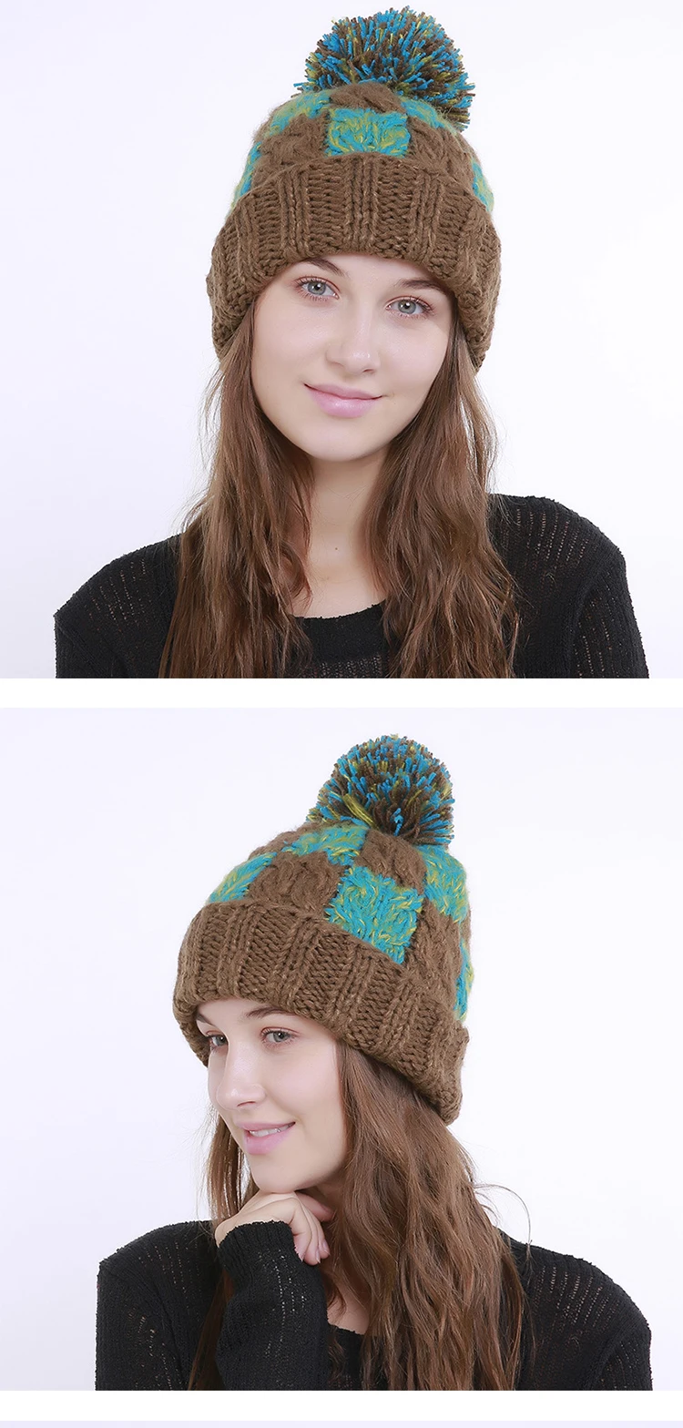 MingJieBiHuo ручной новый цвет соответствия решетчатым рисунком большой шар шерсть женские осенние и зимние модные женские вязаная теплая шапка
