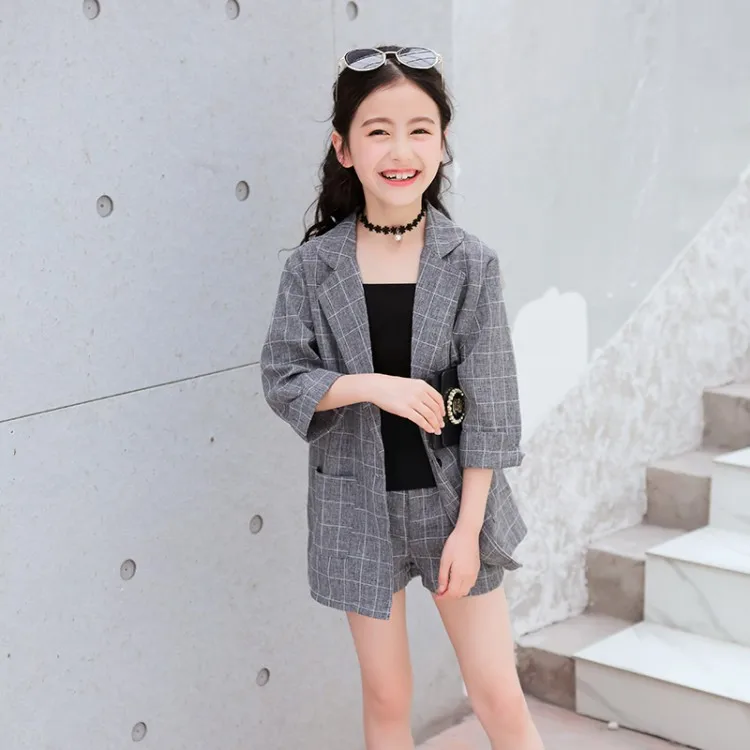 British Style Girls Casual Suit 3 Pcs Spring Fall New Children's Long Plaid Coat + Camisole Tops Shorts Kids Clothes X177 | Детская