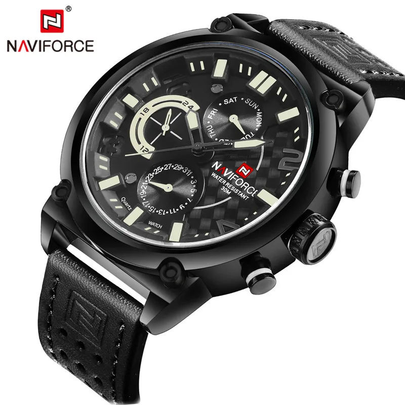 

NAVIFORCE Men Watch Date Week Sport Mens Watches Top Brand Luxury Military Business Genuine Leather Quartz Male Clock Gift 9068