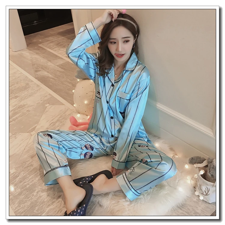 2019 демисезонный шелковый атлас пижамы для девочек для женщин Повседневное полосатые пижамы с длинным рукавом Домашняя одежда Pijama Mujer