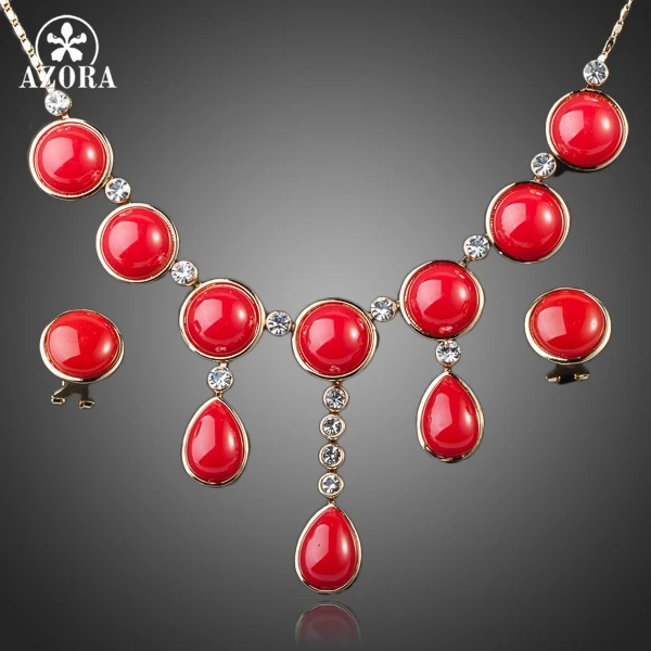 

AZORA Amazing Gold Color Stellux Austrian Crystal Red Viscose Earrings and Necklace Jewelry Set TG0028