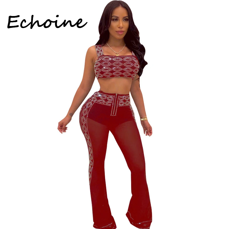 

Echoine Sexy Sheer Diamond Backless Two Piece Set Top And Pants See Through Summer Outfits For Women Tracksuit Set