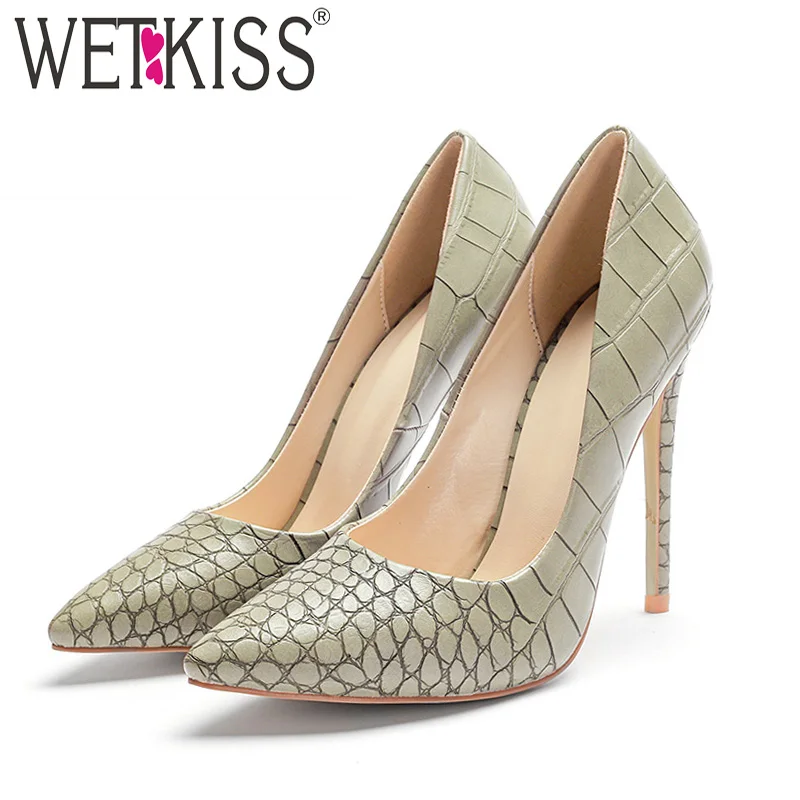 

WETKISS Party Stiletto Heels Women Pumps Pointed Toe Shallow Slip On Shoes Fashion Footwear Printing Pu Female Shoes Big Size 45