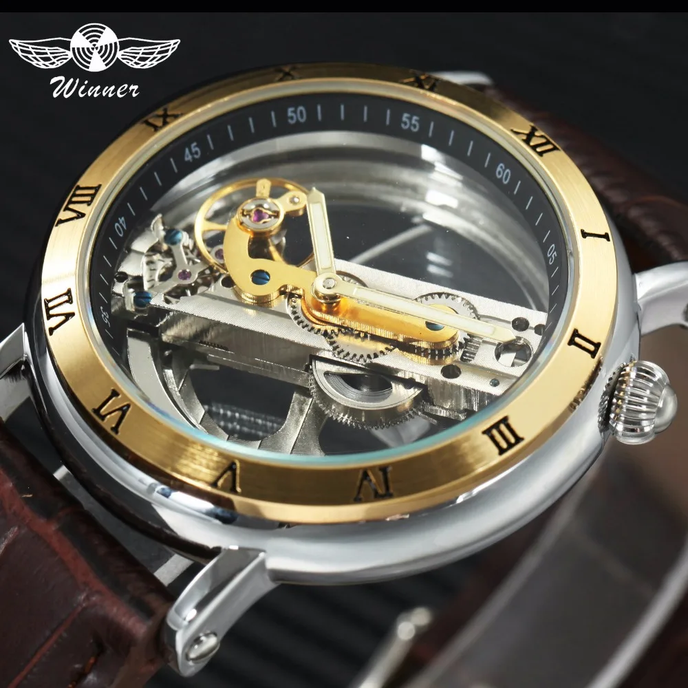 

WINNER Official Luxury Automatic Watch Golden Bridge Mechanical Watches for Men Genuine Leather Strap Transparent Wristwatch