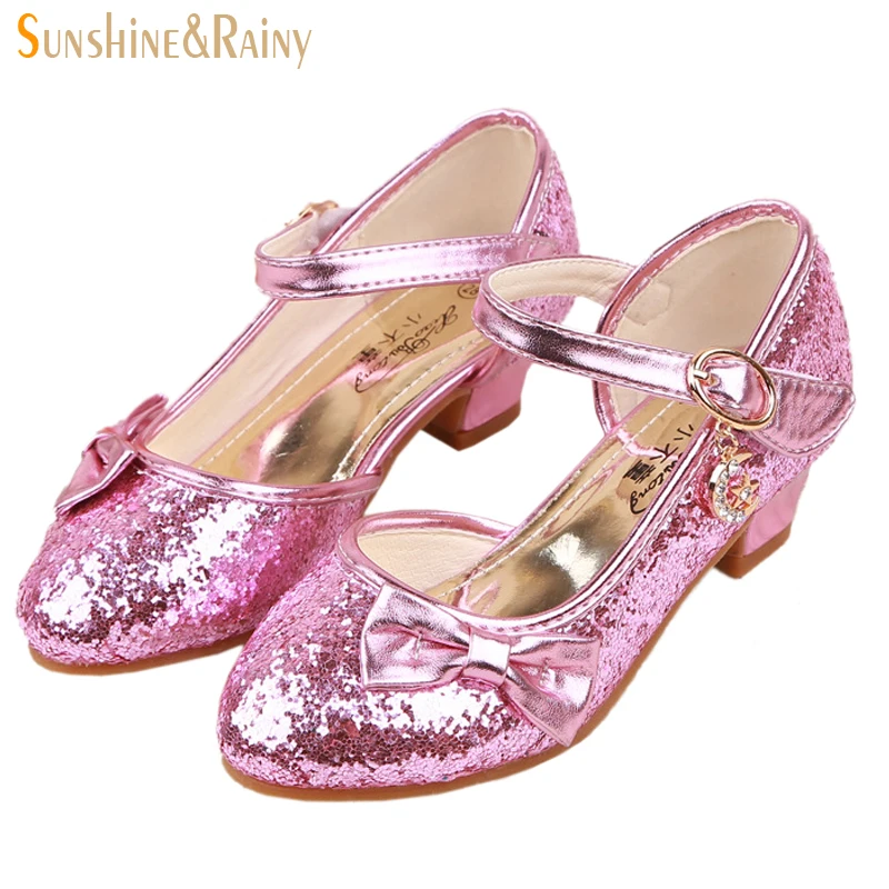 

Sequin Glitter Princess Shoes Girls High Heels Pumps Kids Rhinestone Wedding Party Dance Shoes For Girls Sandals With Bow
