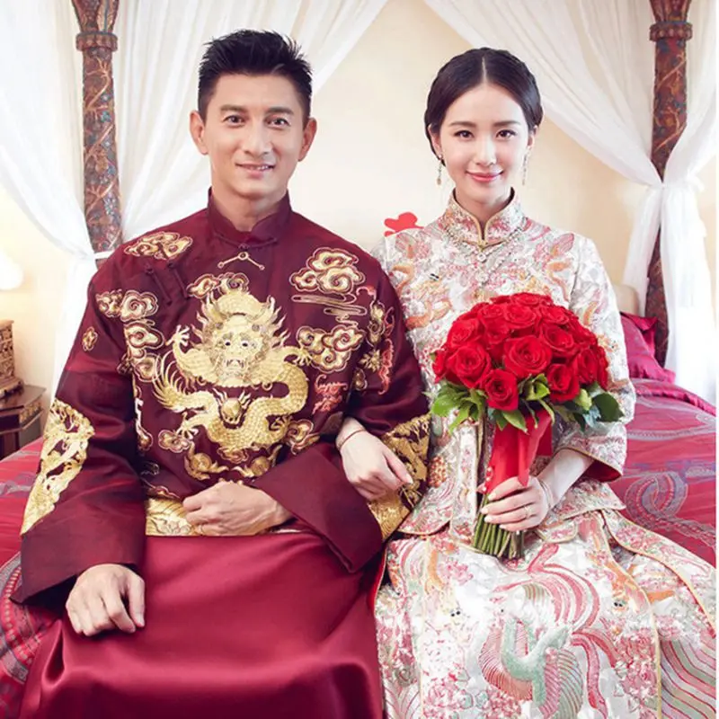 Oversea Female Qipao Chinese Cheongsam Oriental Dragon Phoenix Handmade Embroidery Bride Wedding Dress Gown Marriage Dress