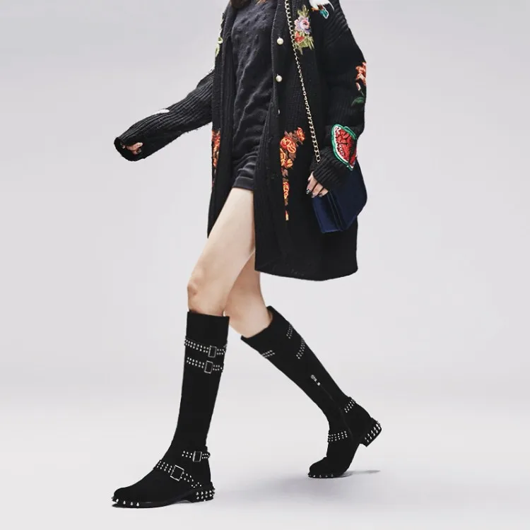 Autumn Winter Véritable À Black Métal Nubuck Faible Avec Hiver leather Moto Chaussures Bottes nubuck Femme Rivet Long Cuir Zipper Luxe Gladiateur Boot Autumn Winter De Femelle leather En 1qgwEf