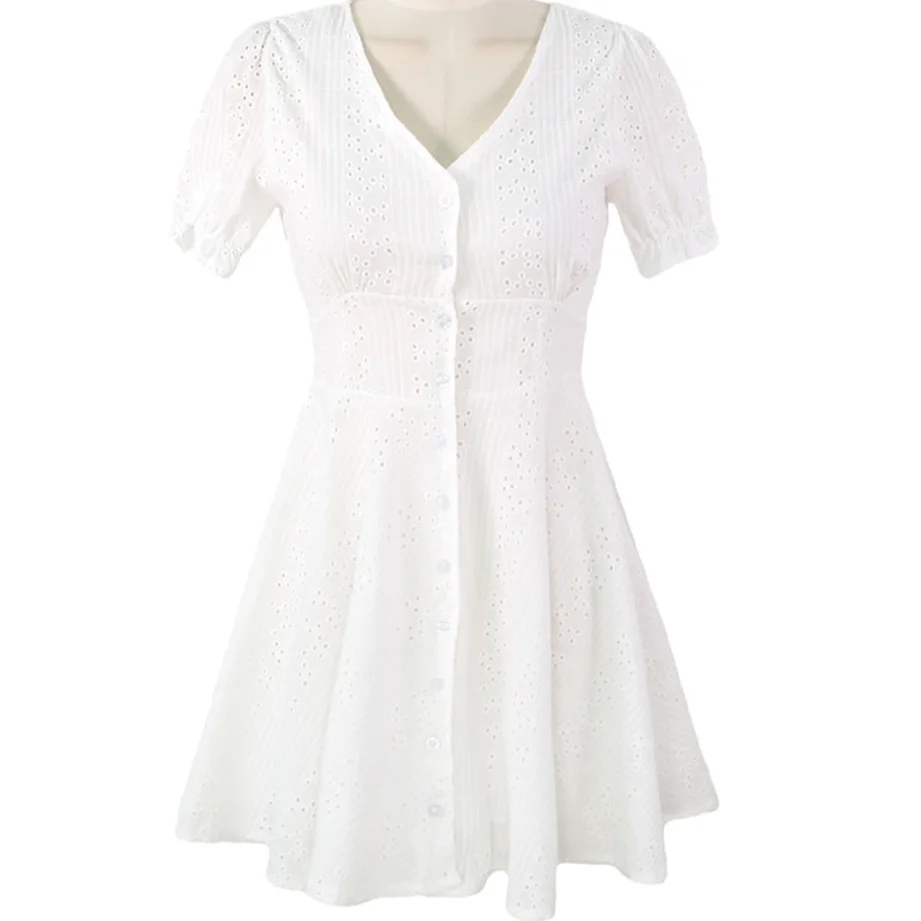 Белое открытое Хлопковое платье на пуговицах, Короткие корейские летние платья в стиле Харадзюку С v-образным вырезом и короткими рукавами,, подсолнух