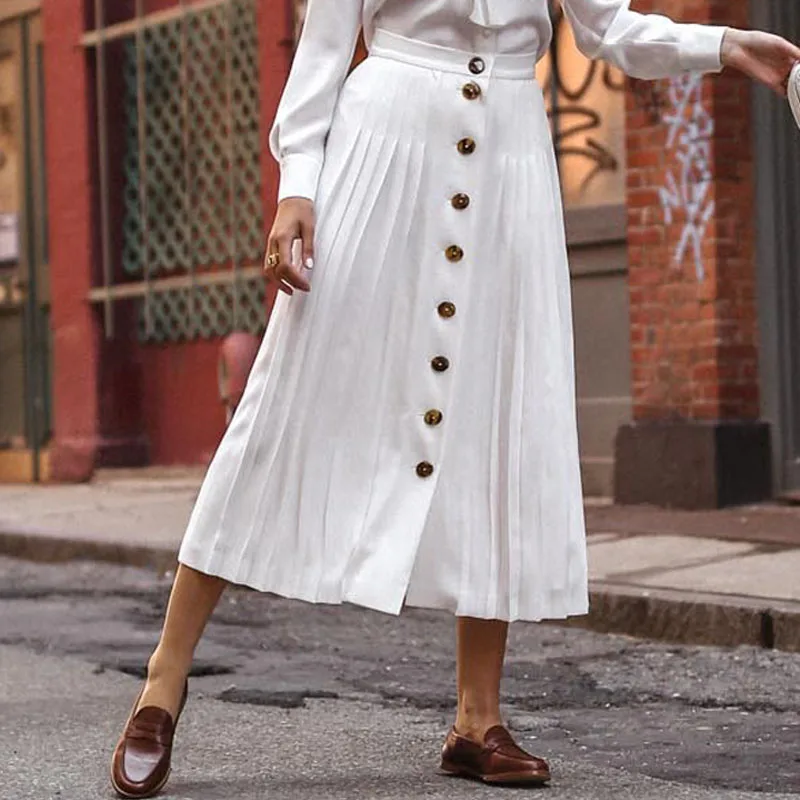 Daylook Elegant pleated long white skirt women Autumn buttons A line