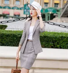 Мода плед официальные деловые костюмы с куртки и юбка 2019 демисезонный дамы Офис Повседневная обувь пиджаки для женщин красота салон наборы