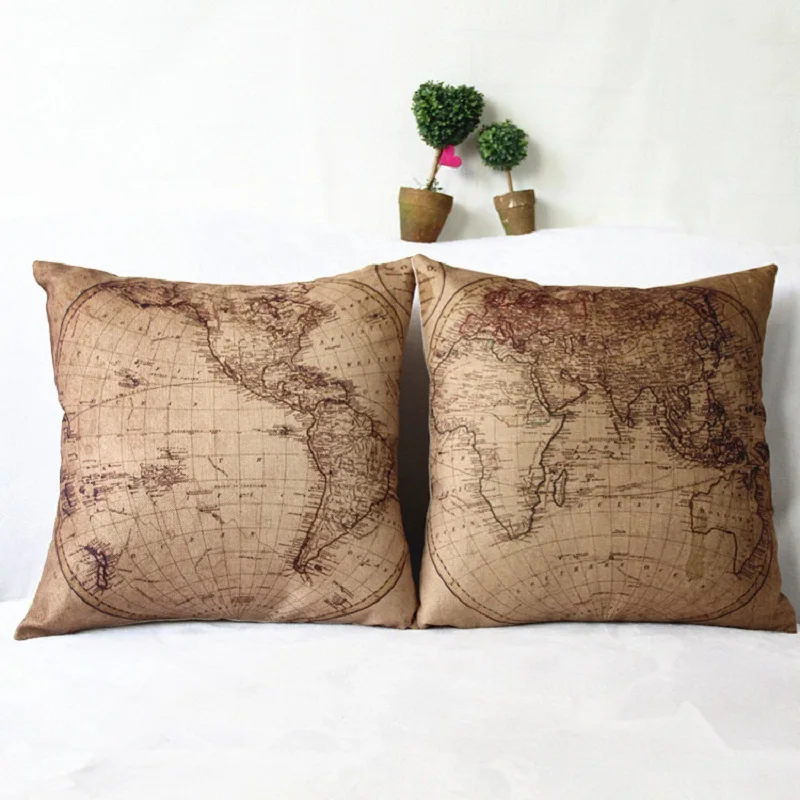 2017 18 inches Vintage Style Cushion Cover world map