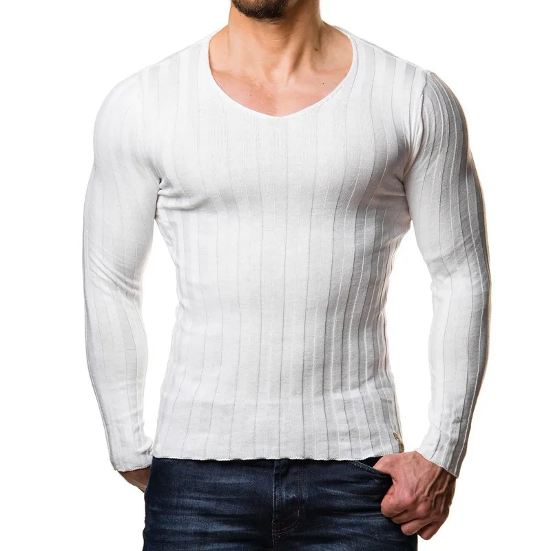 Трикотажная Мужская футболка, приталенный свитер, Повседневная футболка, пуловер с v-образным вырезом, вязаная футболка, модная однотонная теплая футболка, топ размера плюс 3XL