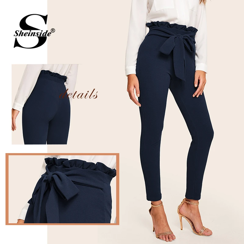 Sheinside, темно-синие элегантные брюки для женщин, бумажный мешок, талия, обтягивающие брюки, весна, однотонные, OL, для работы, высокая талия, женские штаны с поясом