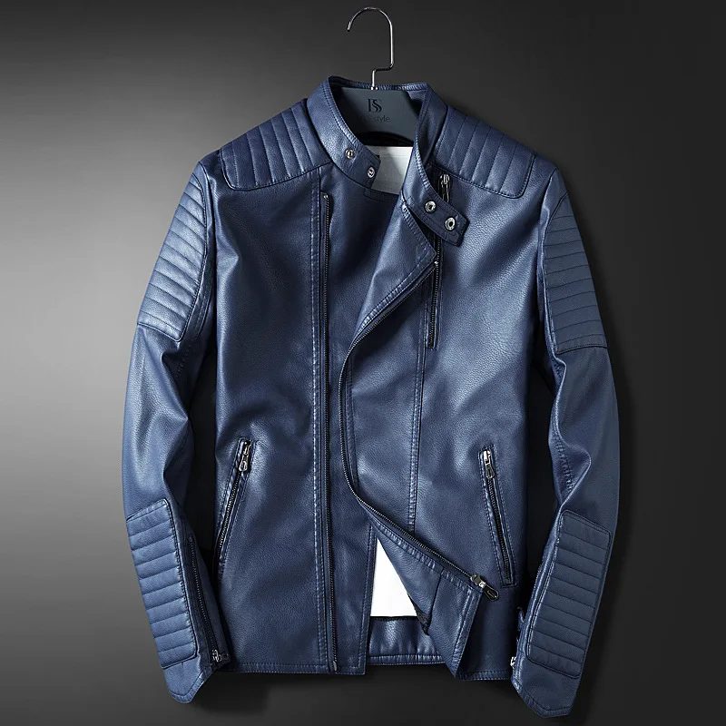 LEDINGSEN Mens Blue Motorcycle Leather jacket Men Slim Fit Red Casual Jacket Coat Autumn Winter Leather Clothing Windbreaker