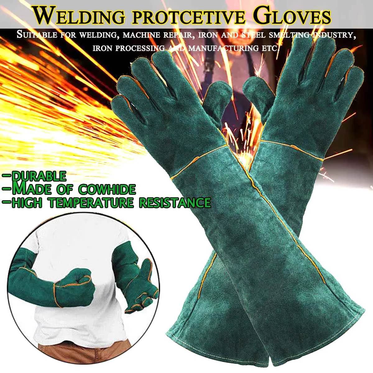 

Green Welders Gloves Cow Split Leather Factory Gardening Welding Wood Stove Work Gloves Heat Resistant Long section Safety Glove