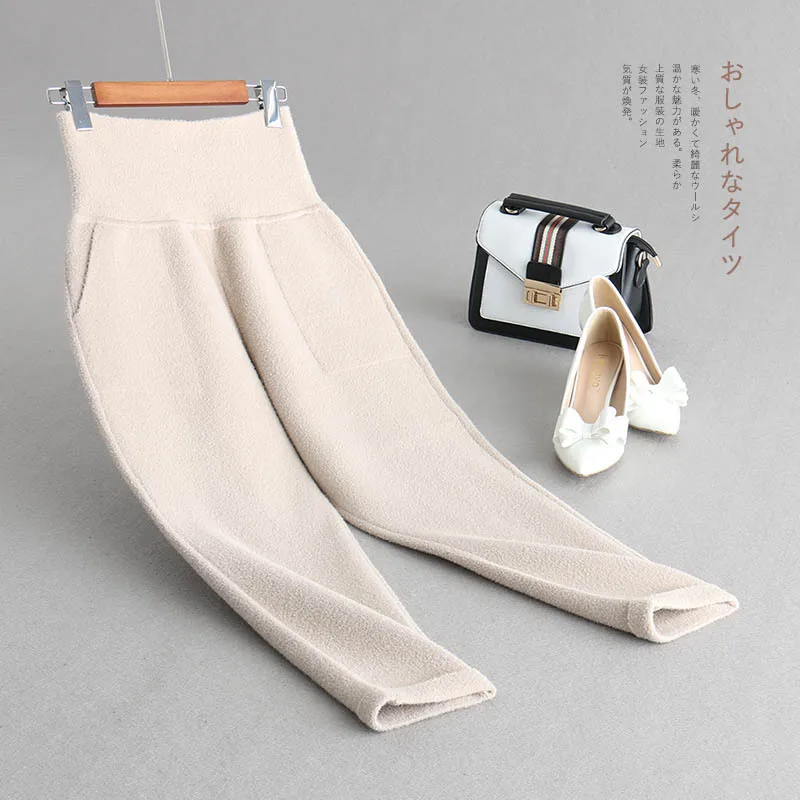 

INNASOFAN Trousers Women Fall-Winter Knitted Imitation mink cashmere pants high waist fashionable thick warm pants with pockets