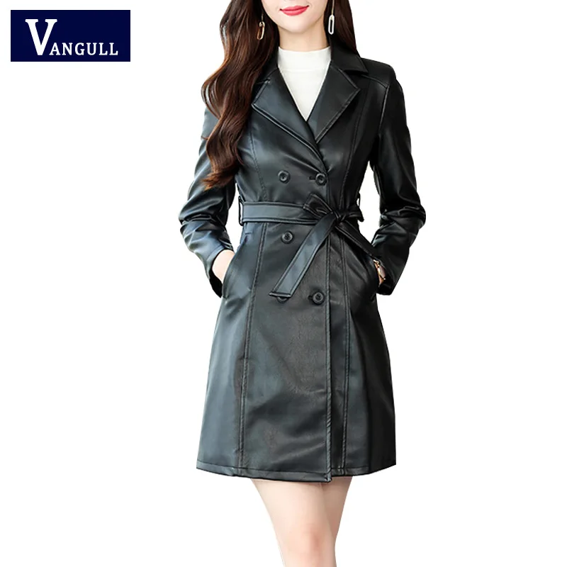 

VANGULL Autumn Winter Women Sheepskin PU Leather Jacket Belt Gothic Black Trench Free Wash Double Breasted Big Size Leather Coat
