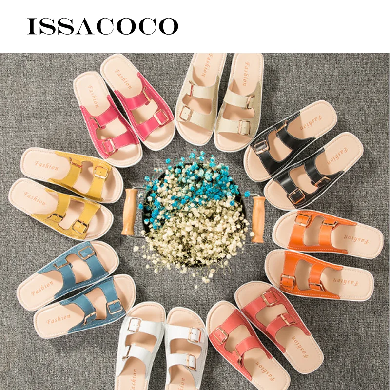 ISSACOCO лето женские пряжки для тапочек из натуральной кожи Шлепанцы без задника с