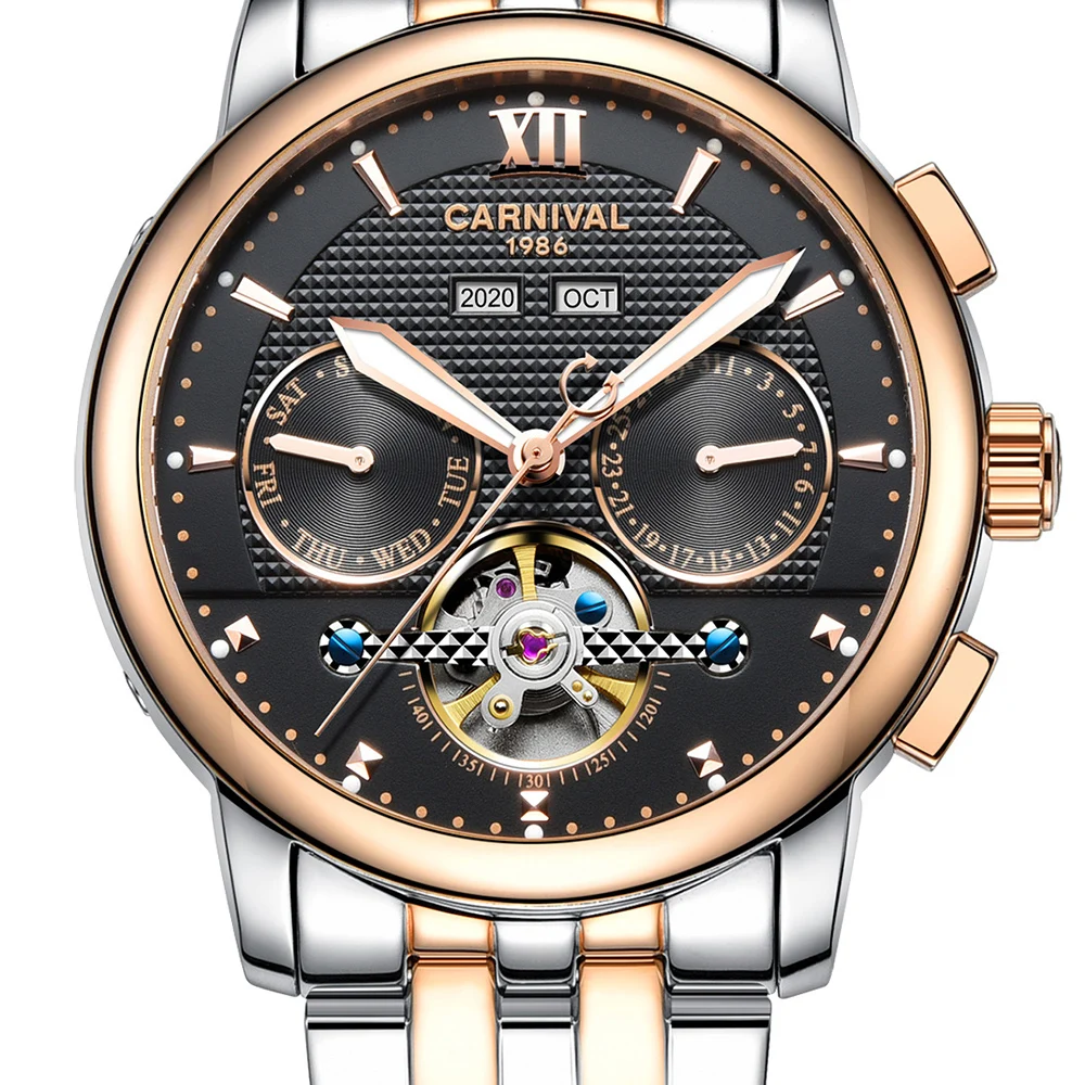 

Carnival Tourbillon Luxury Men Automatic Mechanical Watches Stainless Steel Waterproof Calendar Dress Men Business Clock relogio