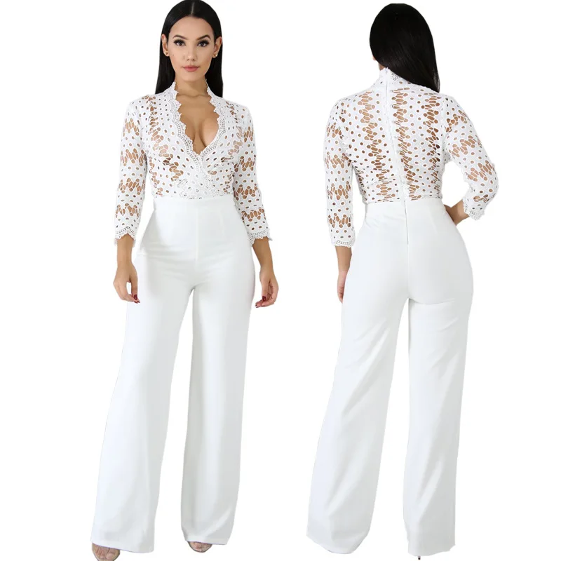 Женский кружевной комбинезон повседневный Длинный с широкими штанинами и
