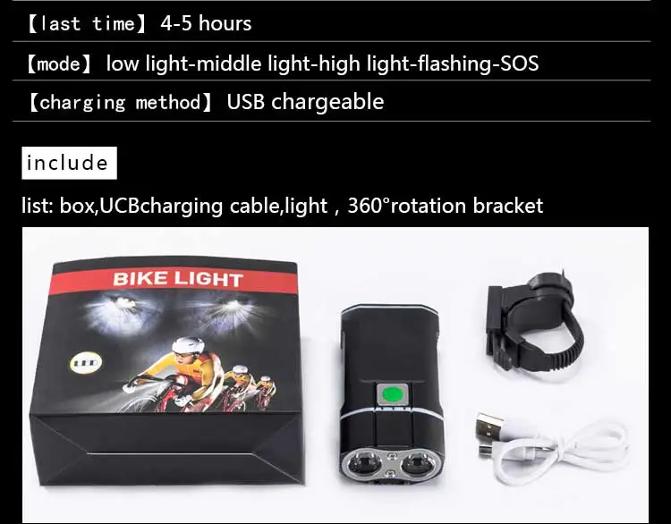 Best WOSAWE NEW 2400 Lumens Bicycle Light with 18650 Built-in Batteries USB Rechargeable Bike Light 2-XML LED lamp Flashlight 5 modes 2