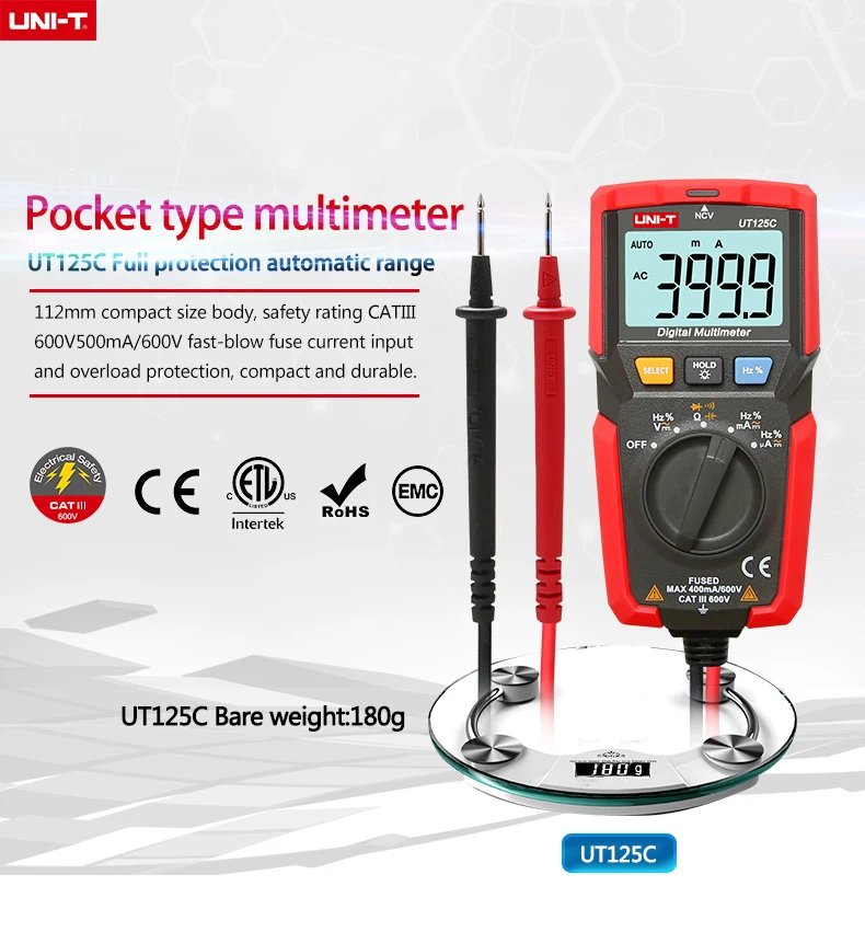

UNI-T UT125C Pocket Size Digital Multimeter DC/AC 400uA~400mA Resistor Capacitor Frequency Diode NCV Test Low Voltage Display