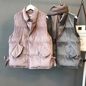 

Women Vests 2018 New Winter Fashion Bow Cotton Sleeveless Jackets Solid Color Female Double Breasted Velvet Waistcoat Outwear