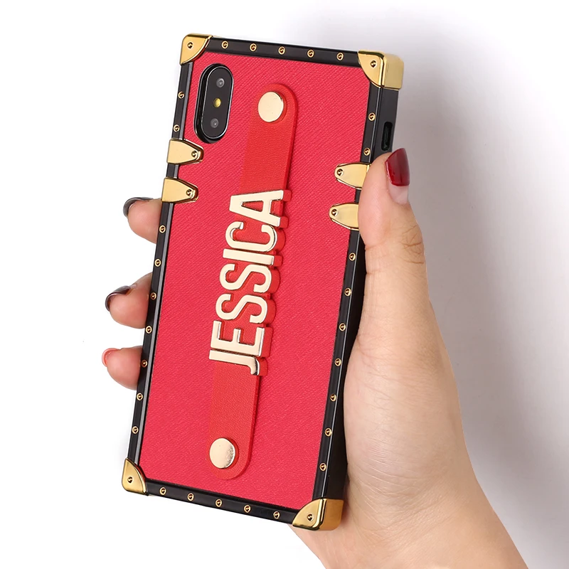 For iPhone 11 Pro 6S XS Max XR 7 7Plus 8 8Plus X Custom Leather Trunk Case Holding Strap Gold Metal Personalized Name Phone Case